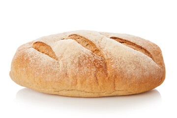 long loaf of whole wheat bread on white background.