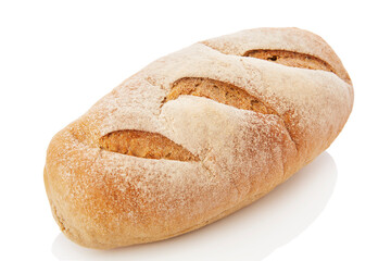 long loaf of whole wheat bread on white background.