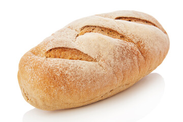 long loaf of whole wheat bread on white background.