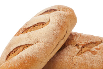 long loaf of whole wheat bread on white background.