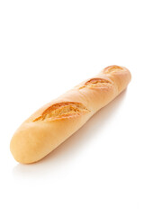 long loaf of whole wheat bread on white background.