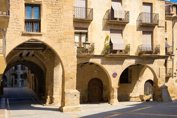 Porticos of the Plaza España of the historic center of Calaceite, Teruel, Aragon, Spain