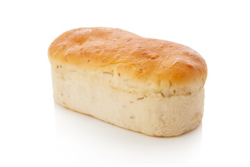 long loaf of whole wheat bread on white background.