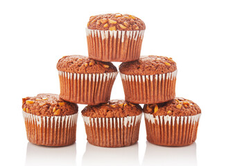 Stack of muffins on white background.