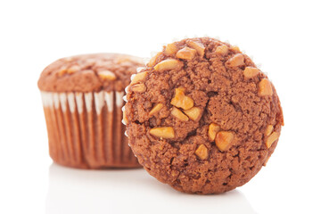 Stack of muffins on white background.