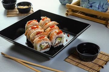 Sushi set. Chinese cuisine. Sushi bar. Takeaway food during quarantine.