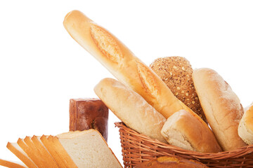 Basket with assorted baking products on white background.