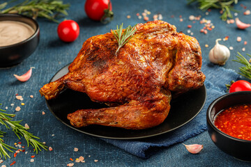Still life of a whole grilled chicken with roasted, brown crust, served on a black ceramic plate with sauce and french fries. Blue textured background.