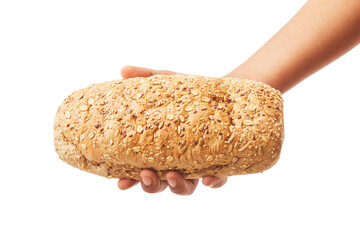 Hand holds a long loaf of bread on white.