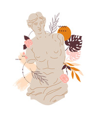 Greek sculpture of Venus goddess with various decorative abstract and floral elements, flat vector illustration isolated on white background. Greek statue for cards and textile prints.