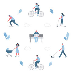 Summer people activities in park. Men and women are resting: ride a bicycle, skateboard, walk with a baby stroller, read a newspaper,  walk a dog. Healthy lifestyle concept. Flat style. Vector