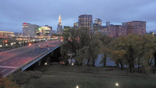 Hartford is the capital of Connecticut and here we see the waterfront at dusk