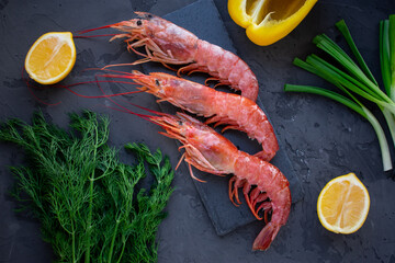 Large langoustines shrimp on a black stone on the black kitchen table. Seafood for a healthy diet. Ingredients. Top view.