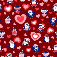 St Valentine&rsquo;s day. Seamless pattern with blue baby penguins wearing pink, red and white sweaters, hats and scarfs. Maroon background. Cute and funny. Wallpaper, textile, scrapbooking, wrapping paper