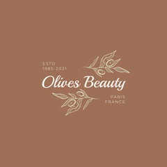 Olive oil Vector Signs or Logo Templates. Retro Floral Illustration with Classy Typography. Feminine Logo. Modern Logo Template for florist, photographer, fashion blogger, design studio.