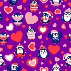 St Valentine’s day. Seamless pattern with blue baby penguins wearing pink, red and white sweaters, hats and scarfs. Purple background. Cute and funny. Wallpaper, textile, scrapbooking, wrapping paper