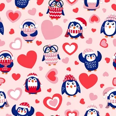 Muurstickers St Valentine’s day. Seamless pattern with blue baby penguins wearing pink, red and white sweaters, hats and scarfs. Pink background. Cute and funny. Wallpaper, textile, scrapbooking, wrapping paper © Куприянова Ксения