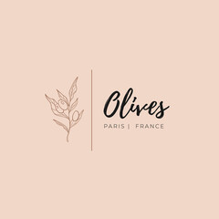 Olive oil Vector Signs or Logo Templates. Retro Floral Illustration with Classy Typography. Feminine Logo. Modern Logo Template for florist, photographer, fashion blogger, design studio.