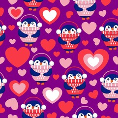 St Valentine’s Day. Seamless pattern with hearts and blue baby penguins wearing pink, red and white sweaters, hats and headphones. Purple background. Wallpaper, textile, scrapbooking, wrapping paper