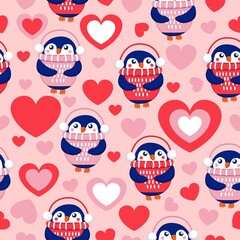 St Valentine’s Day. Seamless pattern with hearts and blue baby penguins wearing pink, red and white sweaters, hats and headphones. Pink background. Wallpaper, textile, scrapbooking, wrapping paper