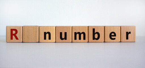 R - reproduction number symbol. Wooden cubes with word R - reproduction number on beautiful white background. Covid-19 pandemic R - reproduction number concept.
