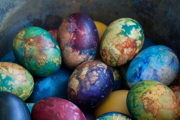 Easter eggs, Paschal eggs, decorated with spring flowers, herbs , onions skin and natural colors  - to celebrate Easter. Its old tradition in Lithuania, Eastern Europe
