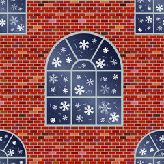 Pattern with windows decorated with snowflakes. Beautiful windows on a brick wall background. Winter cozy city view.