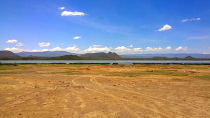 Scenic view of Lake Elementaita against the background of sleeping warrior Hill in Naivasha, Keny 
