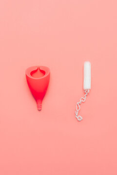 Hygiene Item For Womens Critical Days, Such As Menstrual Cup. Alternative Healthy Option For Womens Health. Top View, Flat Lay, Concept Of Womens Health Issues