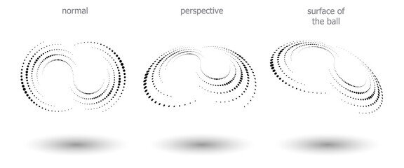 Halftone shapes, abstract dots logo emblem or design element for any project. Round icon or backgroud. Vector EPS10 illustration. Abstract dotted halftone vector with differents perspective