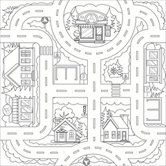 Coloring page with drawing city road and building. Kids art game and activity page. Find the right path. Funny riddle. Education worksheet. Vector illustration.
