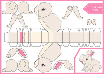 Cut and glue the paper  Easter bunny.  Kids crafts activity page. Worksheet with children art game.  3d easter bunny. Vector illustration.