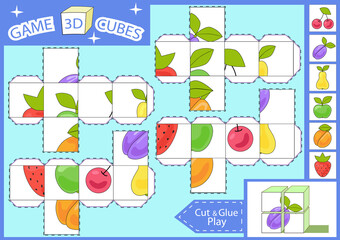 Kids paper craft. 3d Cubes puzzle. Cut and glue box with fruits. Children activities game. Find matching parts picture. Kids activity page for book. Vector illustration.