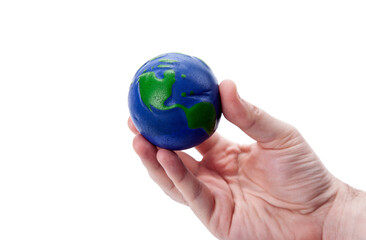 earth globe in human hand on white background concept