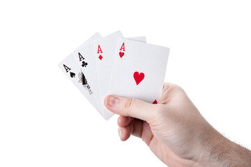four aces in a man's hand on a white background