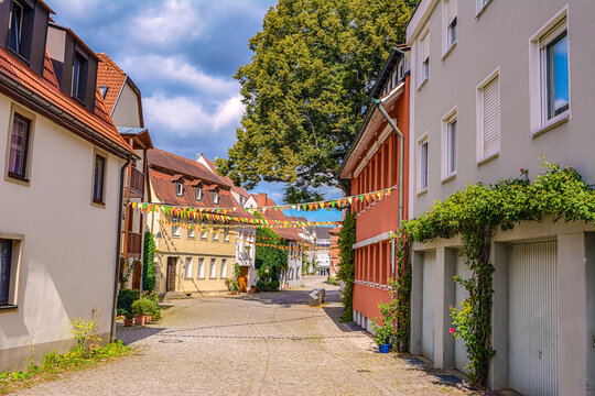 view of a festively decorated street in Schweinfurt Germany