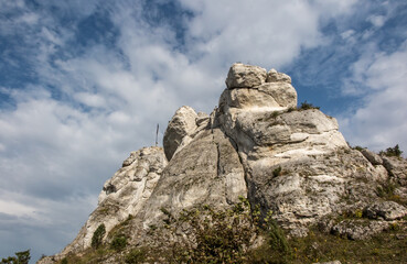 The cross on the background of clear sky at the top Biaklo (or Maly Giewont) near Olsztyn near Czestochowa