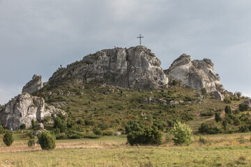 Fototapeta premium The cross on the background of clear sky at the top Biaklo (or Maly Giewont) near Olsztyn near Czestochowa