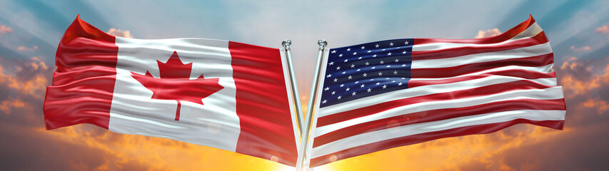 Double Flag United States of America vs Canada flag waving flag with texture sky clouds and sunset background