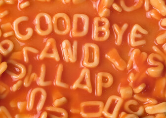 Farewell message spelled out in pasta shapes
