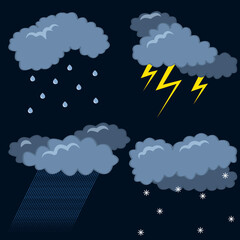 Weather signs and symbols. Bad weather. Clouds, little rain, heavy rain, lightning, snow. illustration