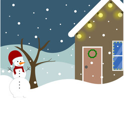 Beautiful winter picture. House in the snow. Preparing for the New Year. White snow. Cheerful snowman. Snow is falling from the sky. illustration