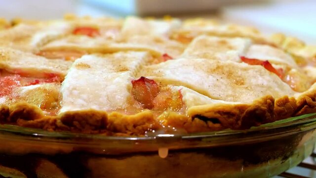 Hot and bubbling delicious homemade Rhubarb Custard Pie in glass pan, just out of the oven, in close-up clip with pan to left.