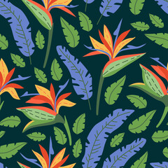 Seamless floral pattern with tropical flowers on dark background. Vector illustration.