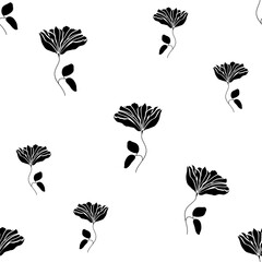 Trendy black and white vector texture. Monochrome floral seamless pattern. Fashion, fabric, ditsy print, wallpaper. Hand drawn silhouette flowers and leaves scattered random on white backgroud
