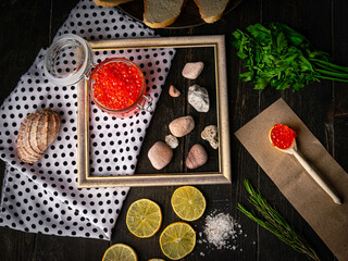 Chum salmon caviar in a glass bowl . Seafood, delicacies, healthy nutrition. 