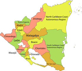 Pastel vector map of Nicaragua with black borders and names of it's departments