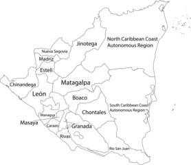 White vector map of Nicaragua with black borders and names of it's departments