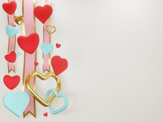 3D render - Valentine's Day background with 3d hearts on red, Happy Valentine's Day, love creative concept, romantic template, red and pink realistic paper hearts