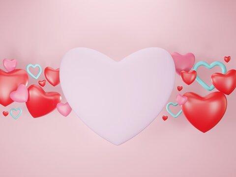 3D render - Valentine's Day background with 3d hearts on red, Happy Valentine's Day, love creative concept, romantic template, red and pink realistic paper hearts